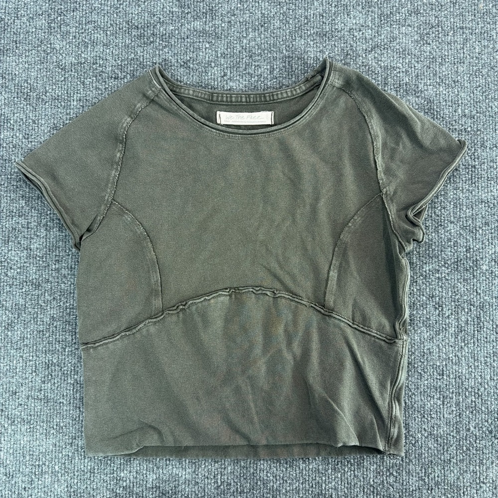 We The Free Free People Ali Tee Faded Green Raw Seam Baby Tee Crop Top Small